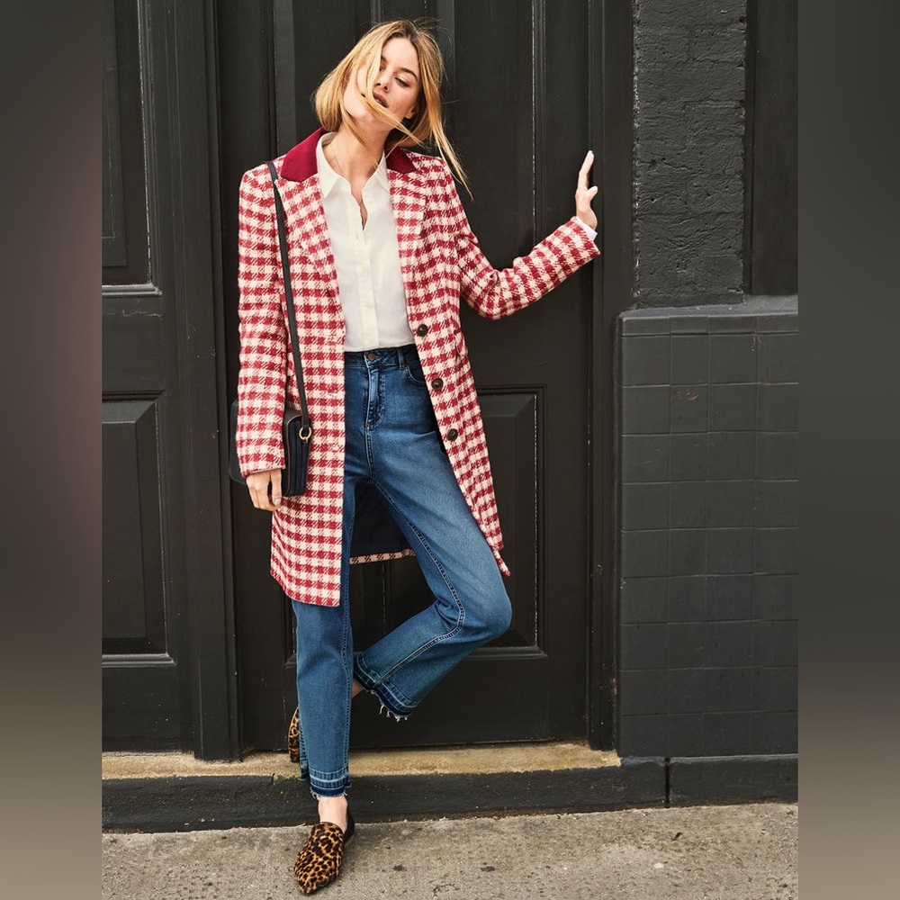 Boden Eastbourne Wool Blend Houndstooth Coat Red Cream UK 14L / US 10L